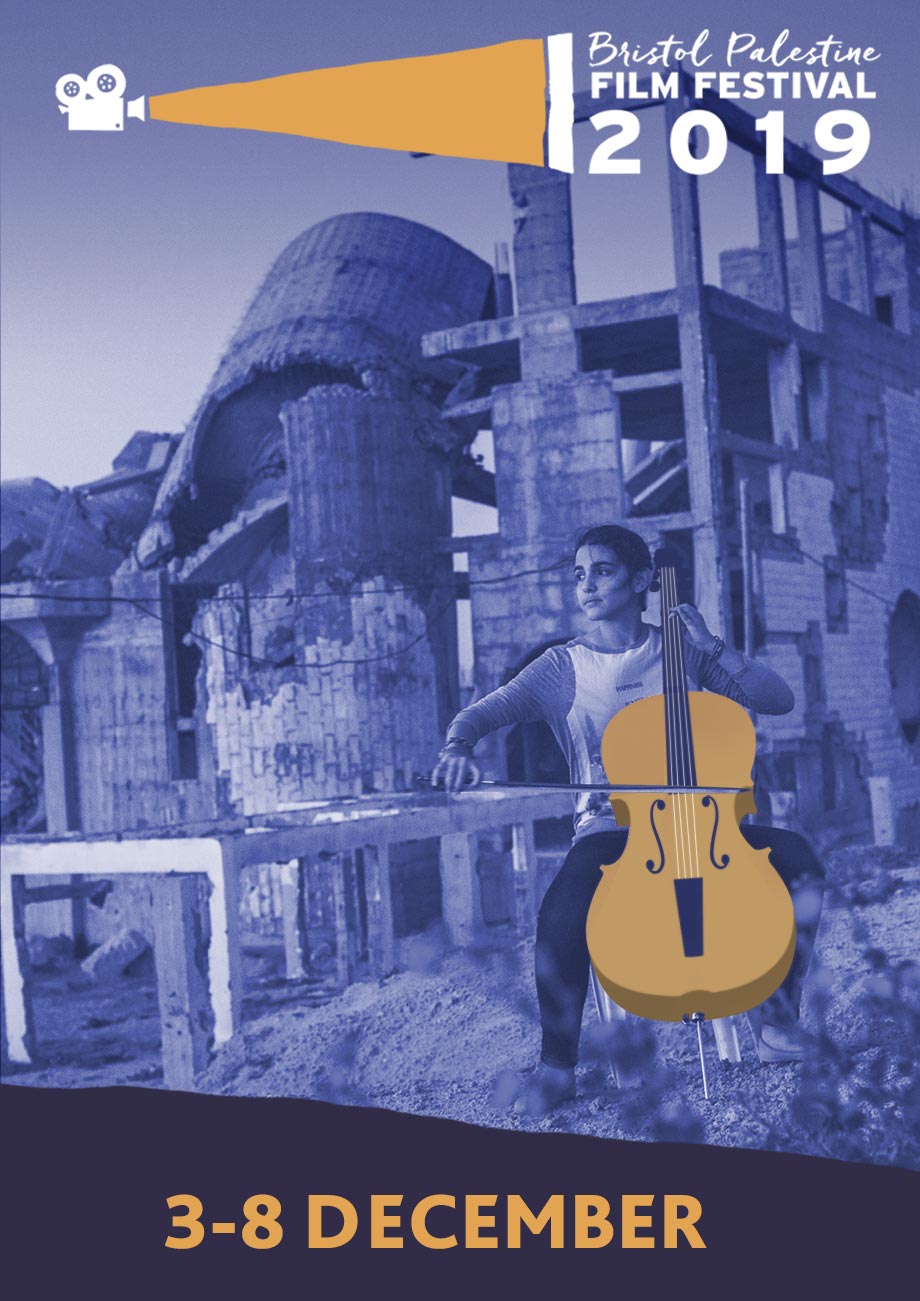 2019 festival poster featuring a young woman with a cello in front of a bombed building