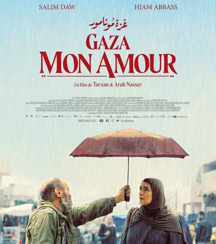 Gaza mon amour poster. A man holds an umbrella for a woman in the street.