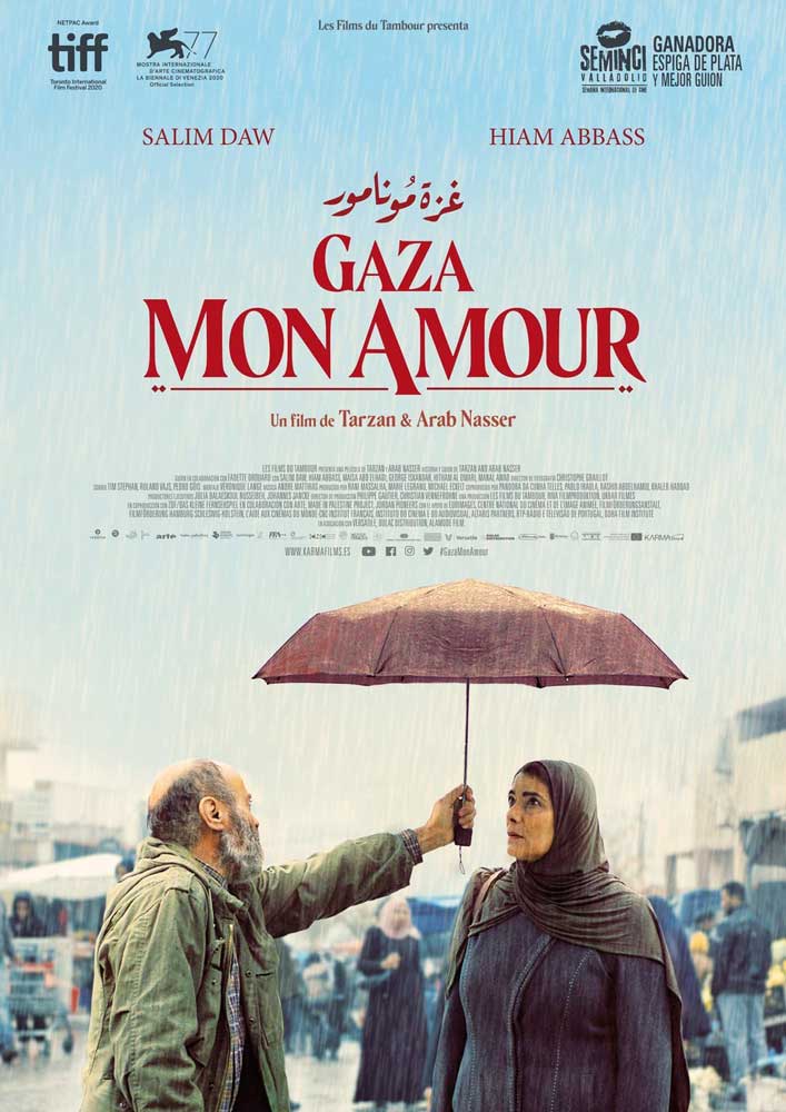 Gaza mon amour poster. A man holds an umbrella for a woman in the street.